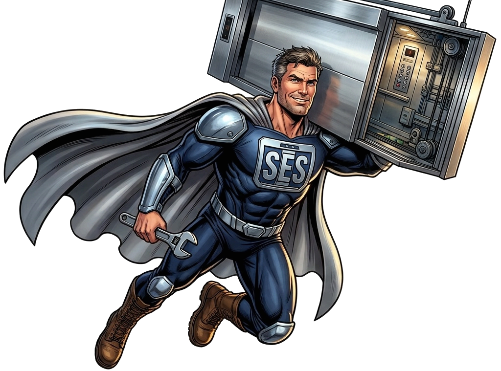 Super Elevator System mascot carrying an elevator car